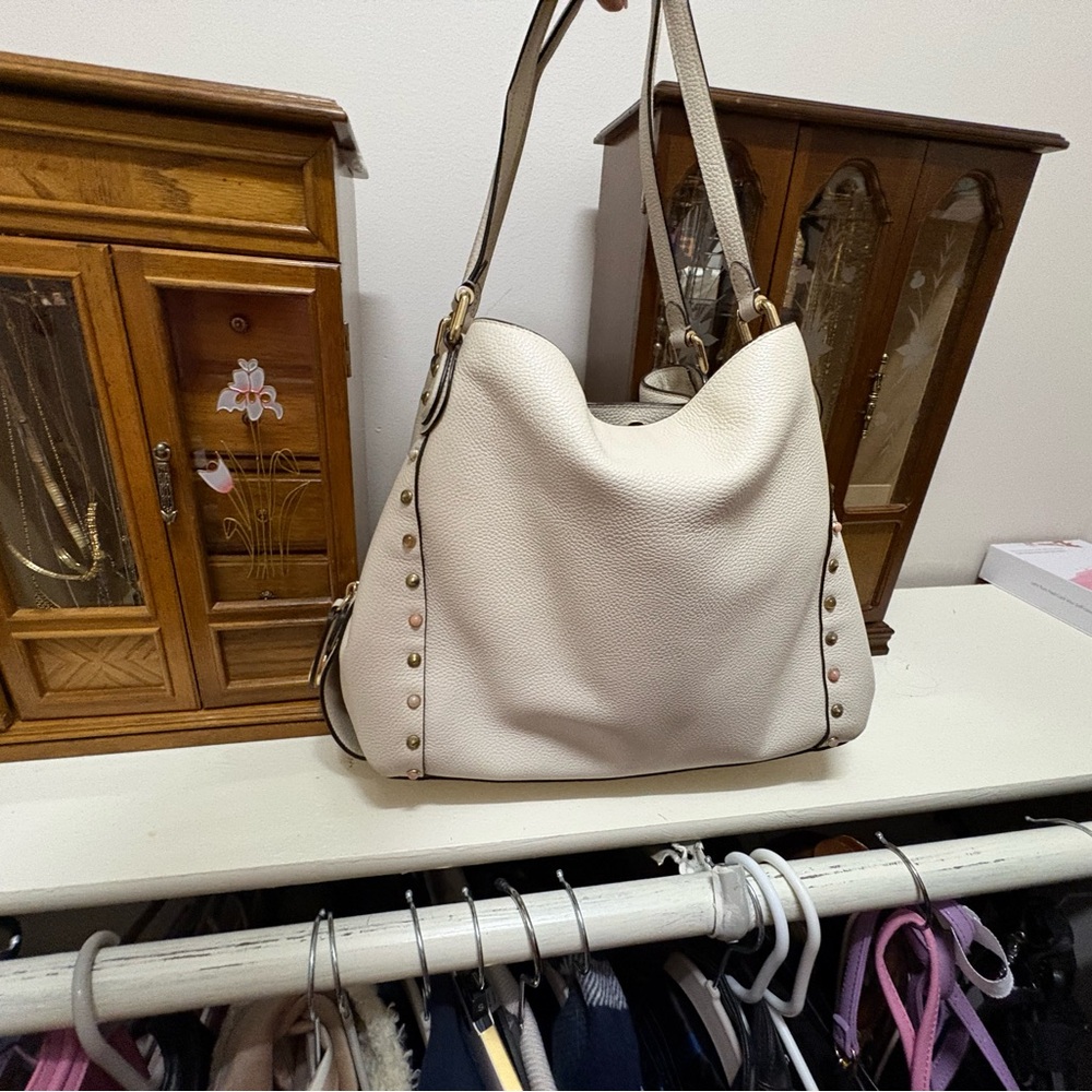 Coach Cream Pebbled Leather Shoulder Tote with Stud Accents - Picture 7 of 8